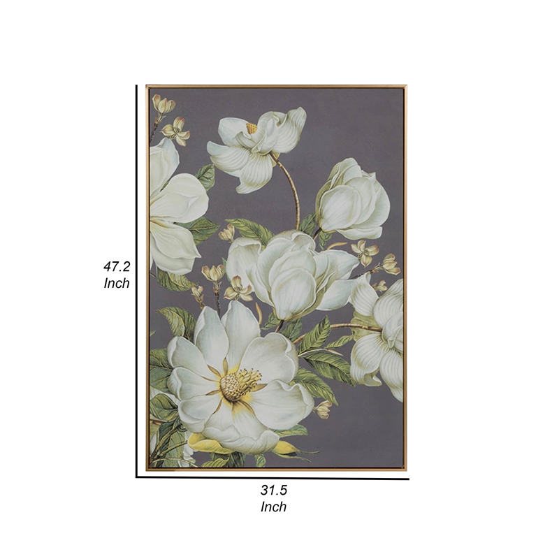 Benjara Nia 32 x 47 Flower Wall Art Decor- Microfiber- Pine Wood- White- Green