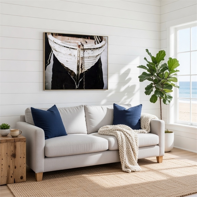 Benjara 47 x 59 Wall Art- Boat Painting - Black/White