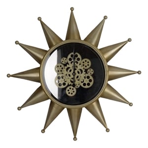 Benjara 28&quot Hanging Wall Clock- Sunlike Star Gear Design- Iron- Gold & Black