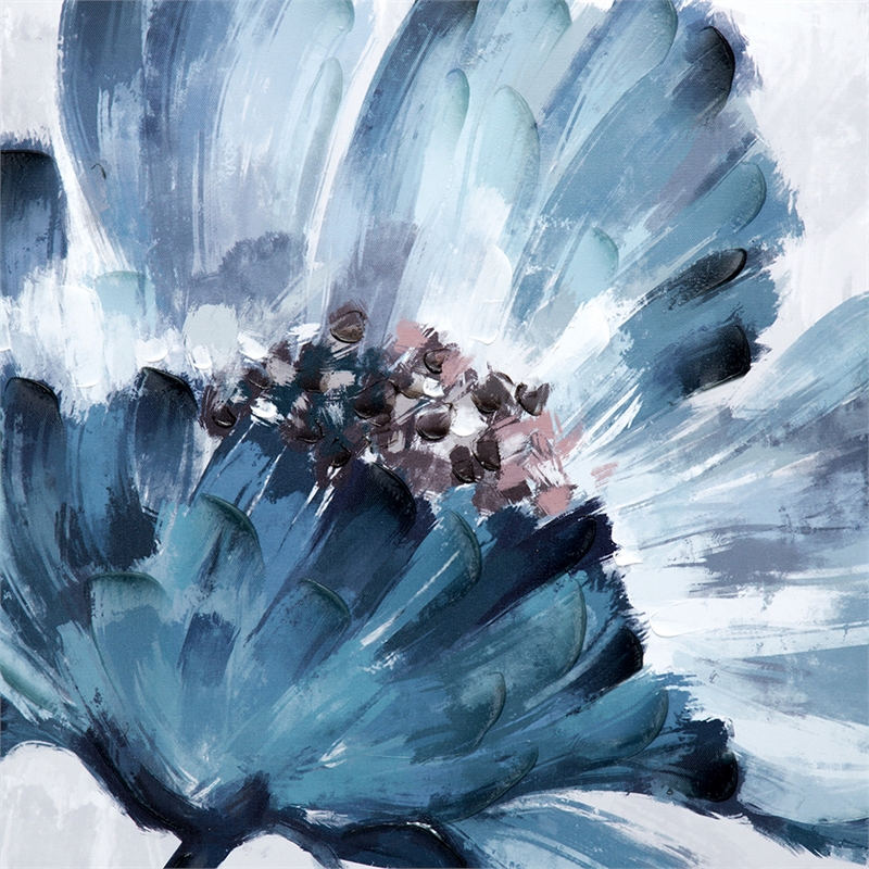 Benjara 30 x 30 Embellished Handpainted Floral Canvas Wall Art- Blue and White