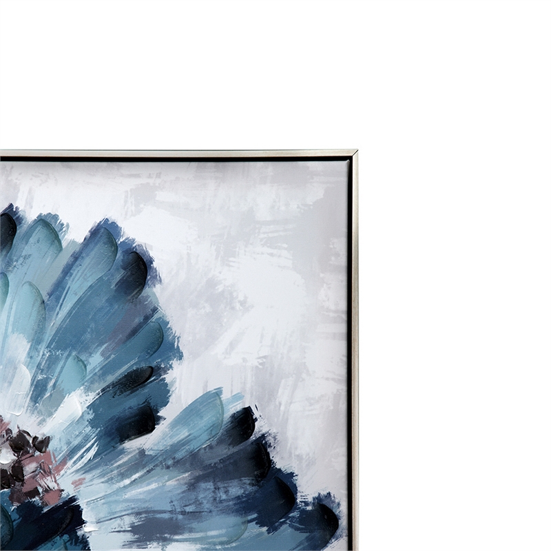 Benjara 30 x 30 Embellished Handpainted Floral Canvas Wall Art- Blue and White