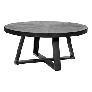 Benjara Raj 39&quot Round Coffee Table- Cross Legs Design- Black Acacia Wood- Iron