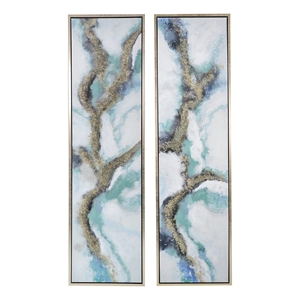 Benjara 20 x 71 Tall Framed Wall Art Oil Painting Set of 2- Blue and Gold Canvas