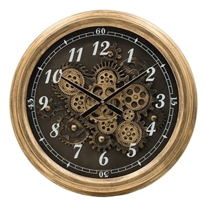 Benjara 21&quot Round Wall Clock- Gear Design- Numbered Analog- Gold Bronze Iron