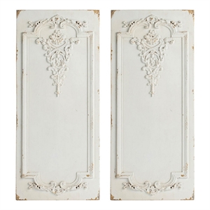 Benjara 16 x 36 Large Wall Art Decor Panel- Carved Gold Border White (Set of 2)