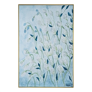 Benjara 32 x 47&quot Botanical Wall Art Decor- Blue White Floral Framed Canvas