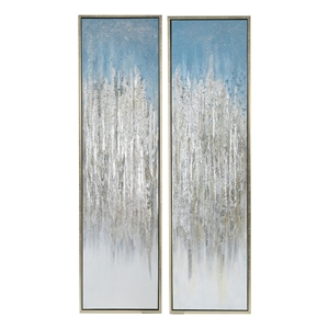 Benjara Dimy 20 x 71 Set of 2 Wall Art- Hand Painted Dahlia- Blue Silver Ombre
