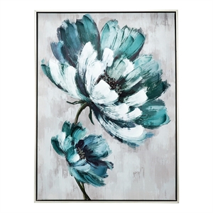 Benjara Ayn 24 x 32 Floral Wall Art- Handpainted- Blue- Green- Gray- Wood Frame