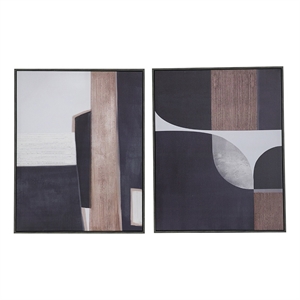 Benjara Kni 23 x 28 Set of 2 Gesso Wall Art Prints- Abstract- Black Blue- Wood