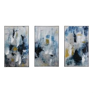 Benjara 24 x 40 Set of 3 Framed Wall Art- Abstract Modern Style- Gold- Blue