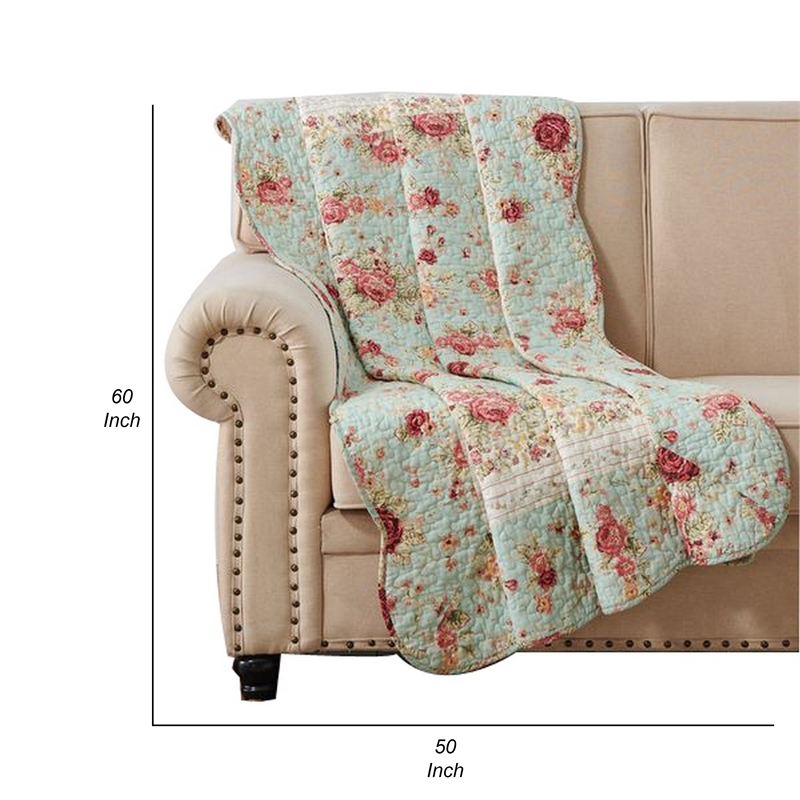 Benjara Rosle 50 x 60 Quilted Throw Blanket with Fill- Rose Flowers- Multicolor