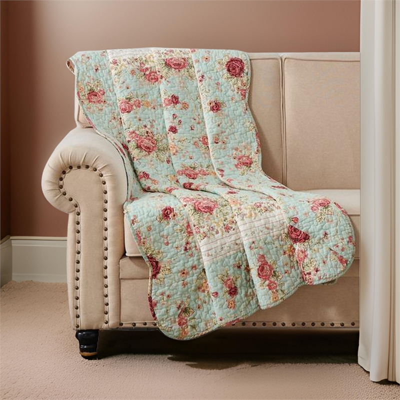 Benjara Rosle 50 x 60 Quilted Throw Blanket with Fill- Rose Flowers- Multicolor