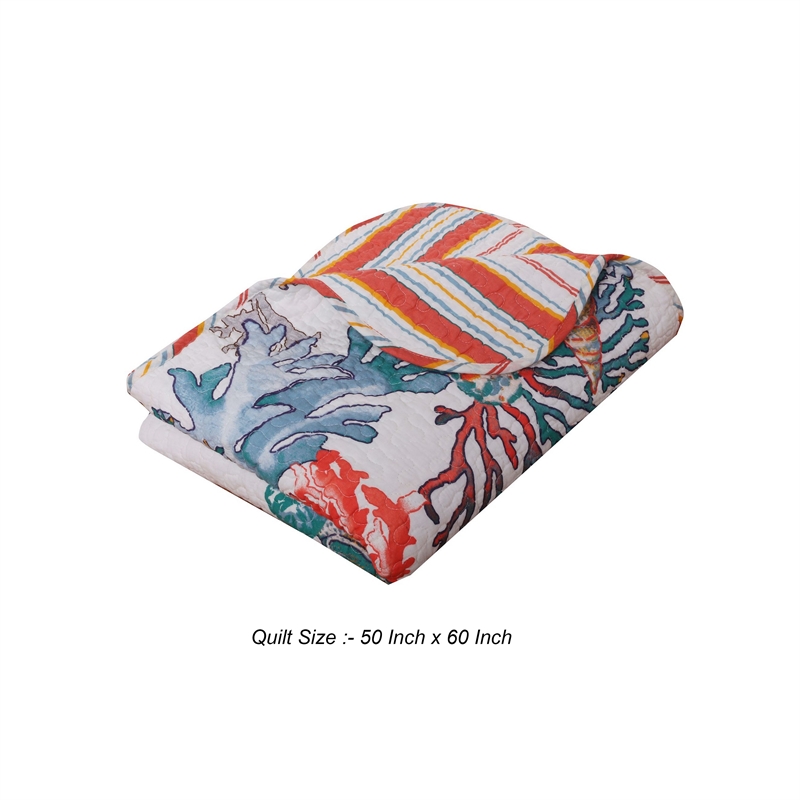 Benjara Wade 50 x 60 Quilted Throw Blanket with Fill- Corals & Seashells Design
