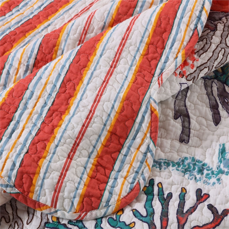 Benjara Wade 50 x 60 Quilted Throw Blanket with Fill- Corals & Seashells Design