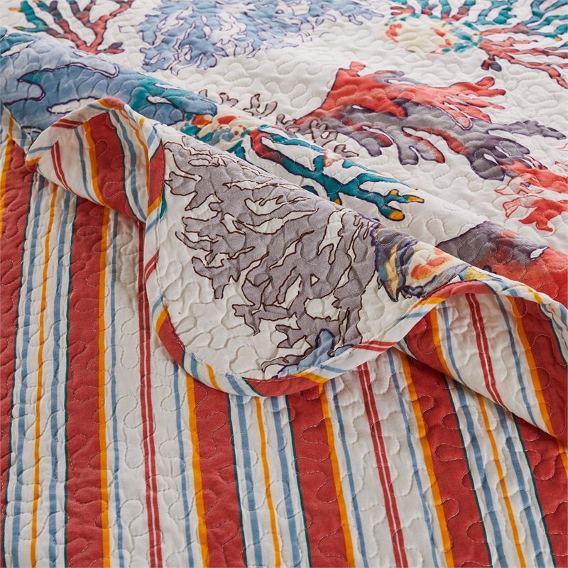 Benjara Wade 50 x 60 Quilted Throw Blanket with Fill- Corals & Seashells Design
