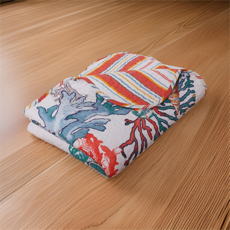 Benjara Wade 50 x 60 Quilted Throw Blanket with Fill- Corals & Seashells Design