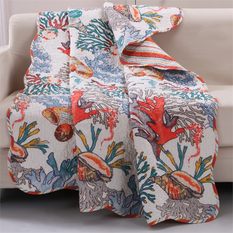 Benjara Wade 50 x 60 Quilted Throw Blanket with Fill- Corals & Seashells Design