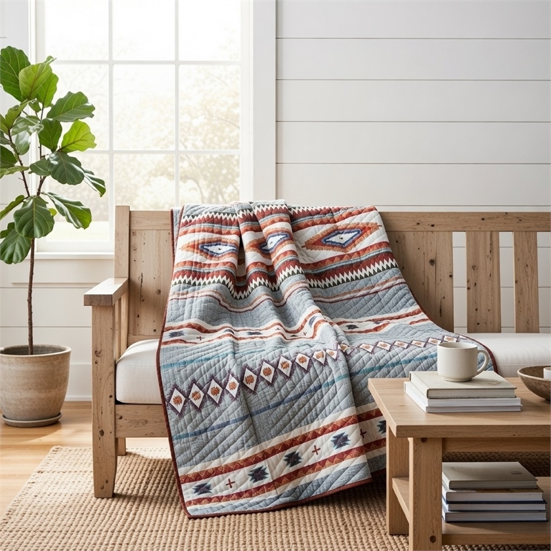 Benjara Pimi 50 x 60 Quilted Throw Blanket- Polyester Fill- Southwest Boho Style