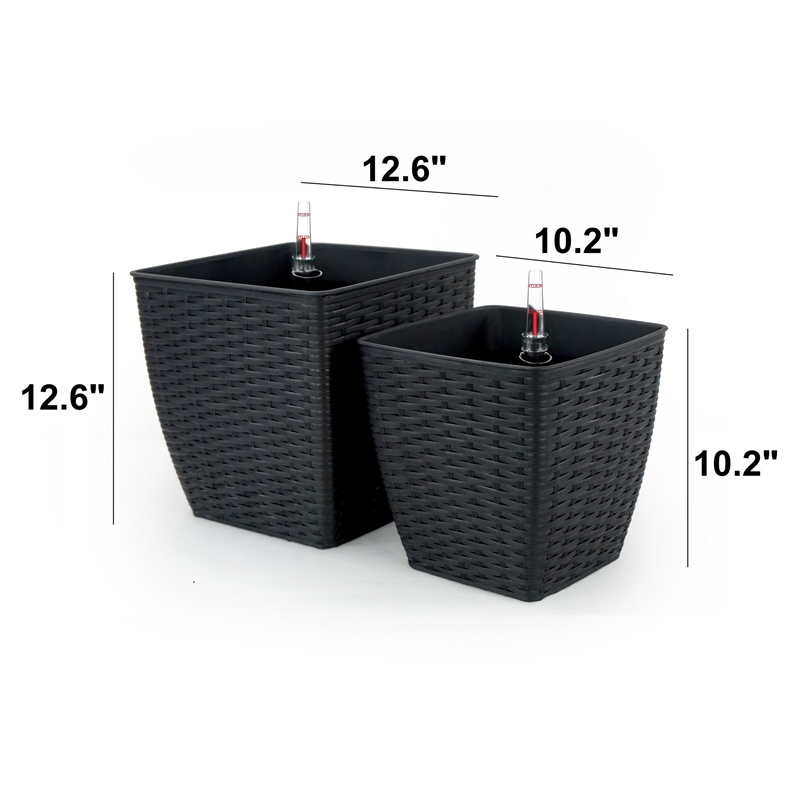 Benjara Aly Self Watering Planter Set of 2- Hand Woven Rattan- Espresso Brown