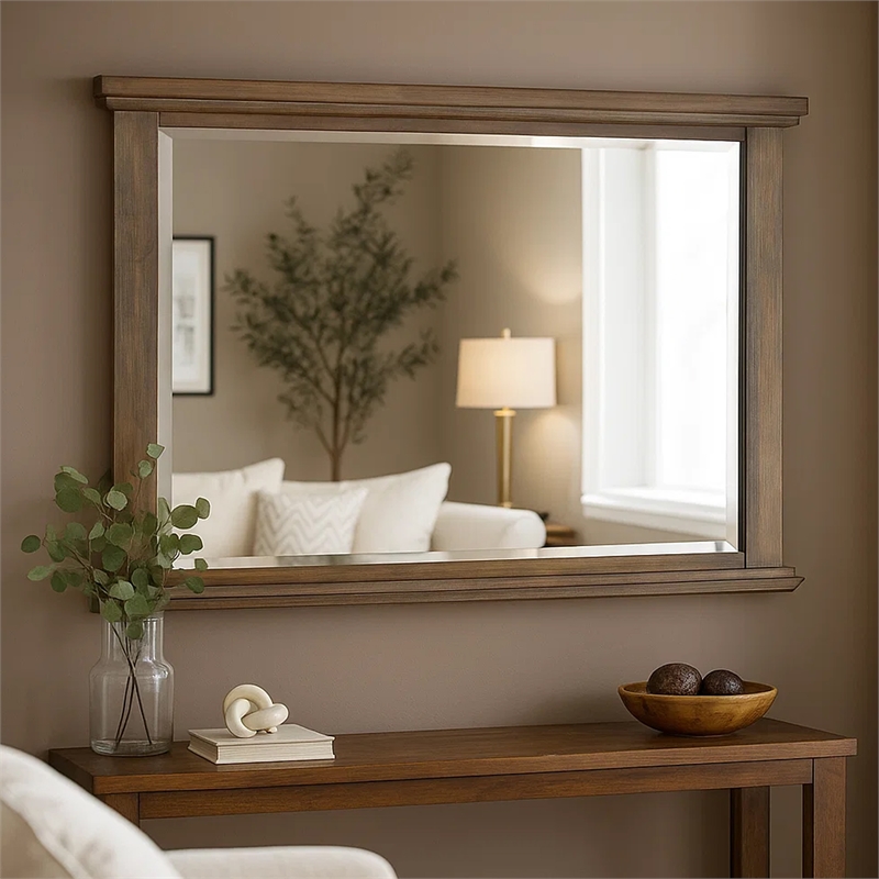 Benjara Lan 40 x 47 Dresser Mirror- Tempered Glass- Rectangular- Rustic Taupe