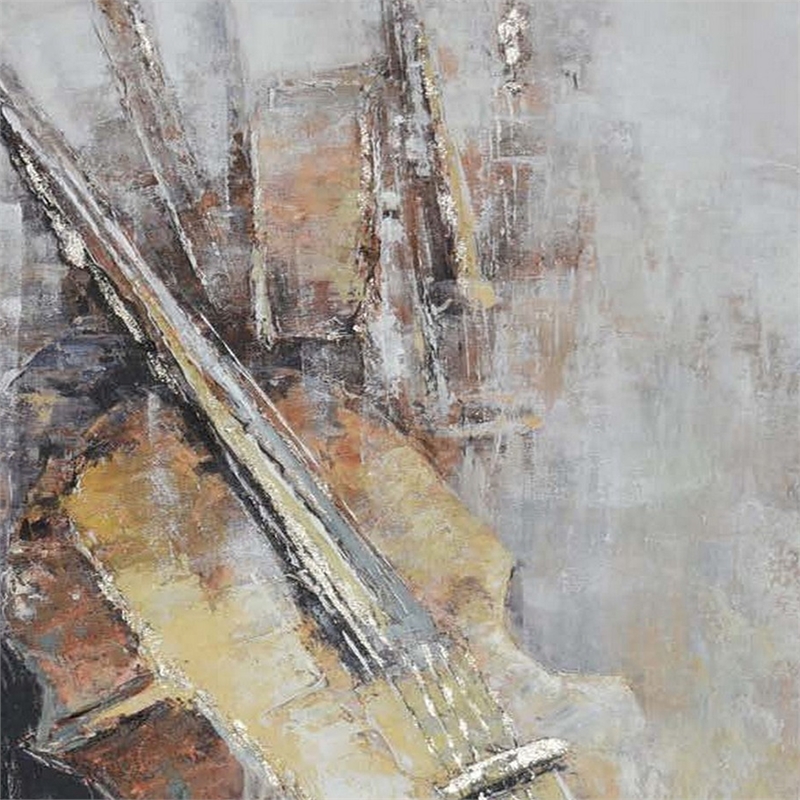 Benjara 40 x 59 Framed Canvas Oil Painting- Guitar- Natural Fiber- Gray & Brown