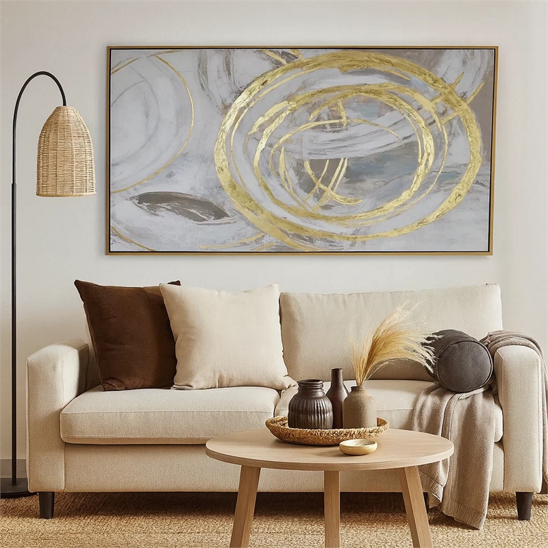Benjara 51 x 81 Framed Canvas Oil Painting- Abstract- Natural Fiber- Gray- Gold
