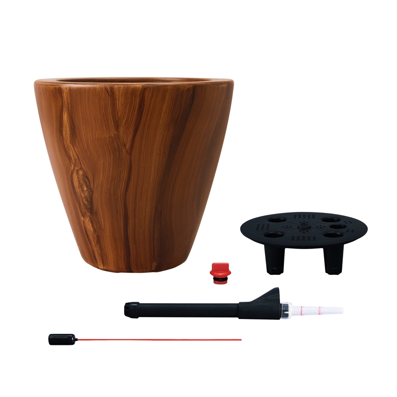 Benjara Shyo Self Watering Planter Set of 2- Round Pots- Dark Brown Faux Wood