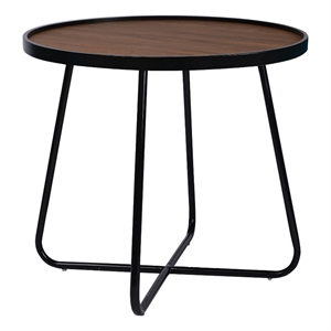 Benjara Lei 24&quot Side End Table- Round Top- Black Metal Cross Base- Walnut Brown