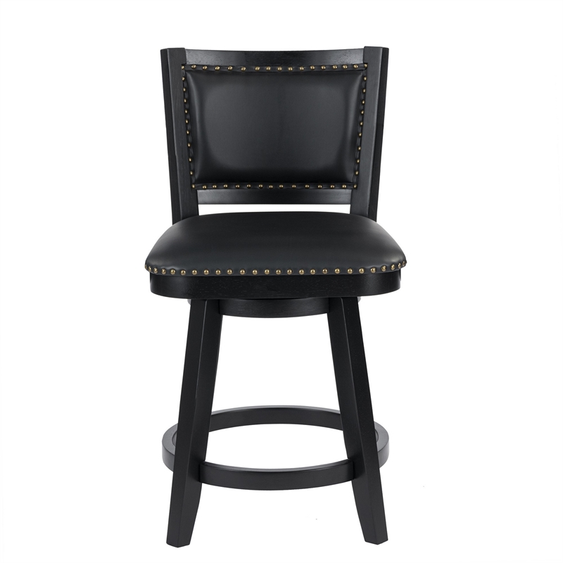 Benjara Kera Swivel Counter Height Stool Chair-Black Wood-Nailhead Faux Leather