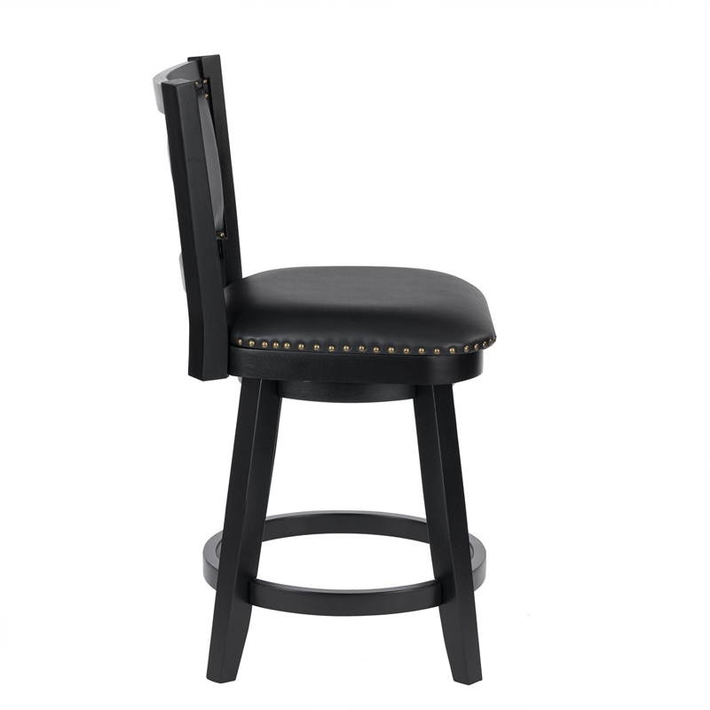 Benjara Kera Swivel Counter Height Stool Chair-Black Wood-Nailhead Faux Leather