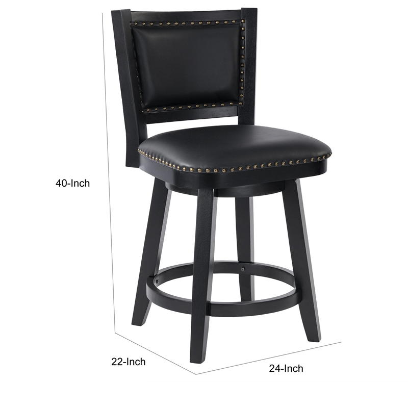 Benjara Kera Swivel Counter Height Stool Chair-Black Wood-Nailhead Faux Leather