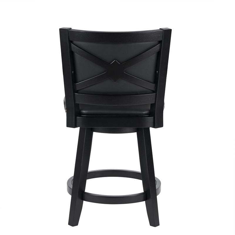 Benjara Kera Swivel Counter Height Stool Chair-Black Wood-Nailhead Faux Leather