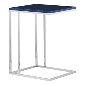 Benjara Zen 23&quot Side Table- Rectangular Tray Top- C Shape Chrome- Navy Blue