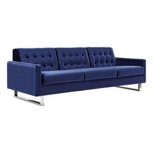 Benjara Loe 89&quot Sofa- Modern Tufted Seat- Steel Legs- Rich Navy Blue Fabric