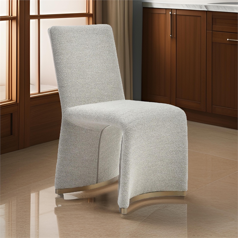 Benjara Rox Dining Chair Set of 2- Cushioned Gray Boucle Polyester- Brushed Gold