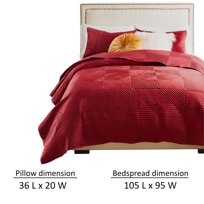 Benjara Ahab 3pc King Size Quilt and Pillow Sham Set- Dutch Velvet Face- Red