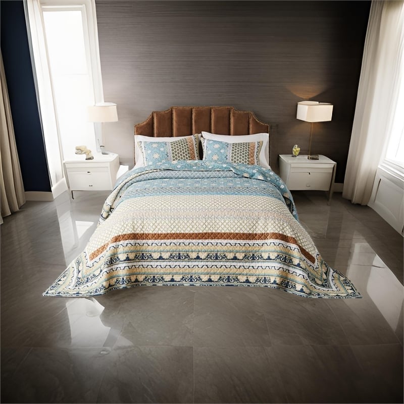 Benjara Ello 3pc King Bedspread and Pillow Sham Set- Bohemian Multicolor Print