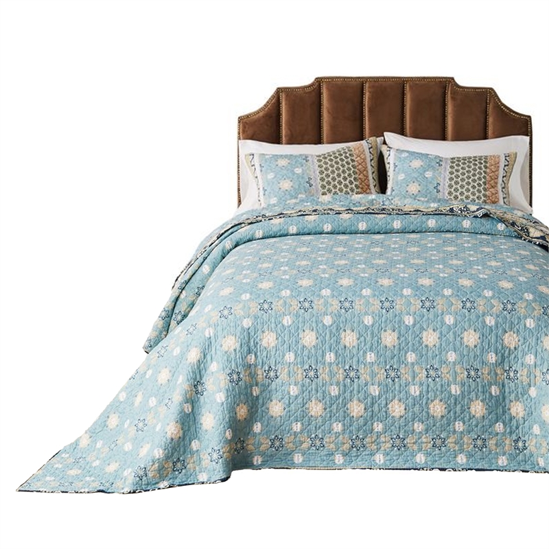 Benjara Ello 3pc King Bedspread and Pillow Sham Set- Bohemian Multicolor Print