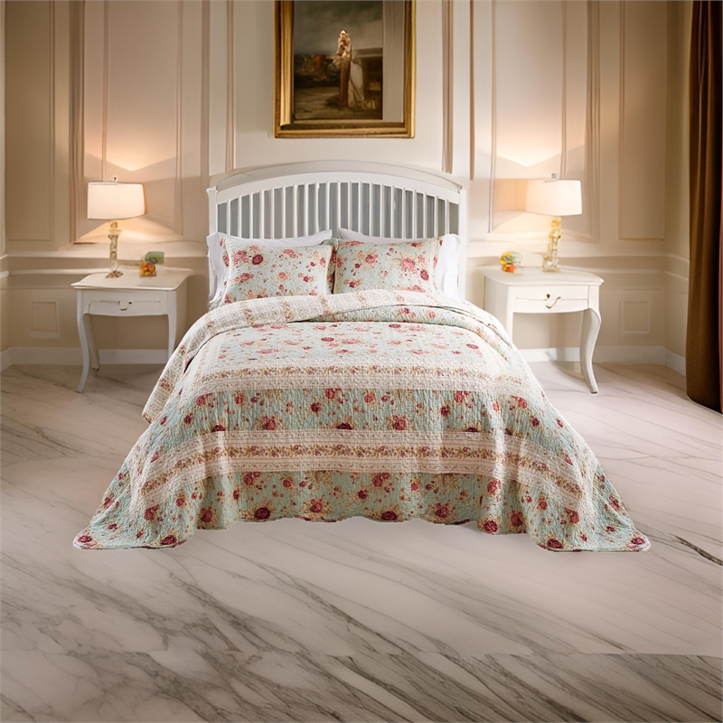 Benjara Rosle 3pc King Bedspread Set-2 Shams-Reversible Rose Print-Blue Cotton