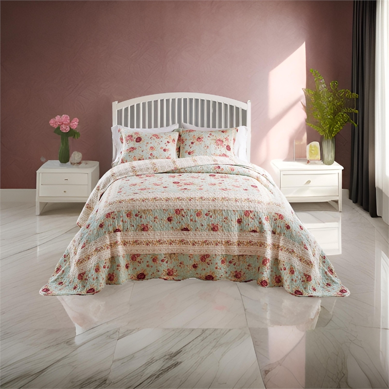 Benjara Rosle 3pc Queen Bedspread Set-2 Shams-Reversible Rose Print-Blue Cotton