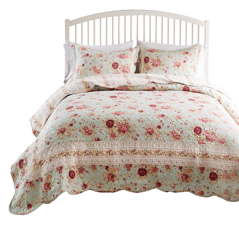 Benjara Rosle 3pc Full/Queen Size Bedspread Set-2 Shams-Rose Print-Blue Cotton