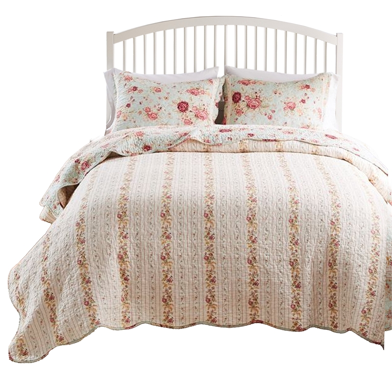 Benjara Rosle 3pc Full/Queen Size Bedspread Set-2 Shams-Rose Print-Blue Cotton