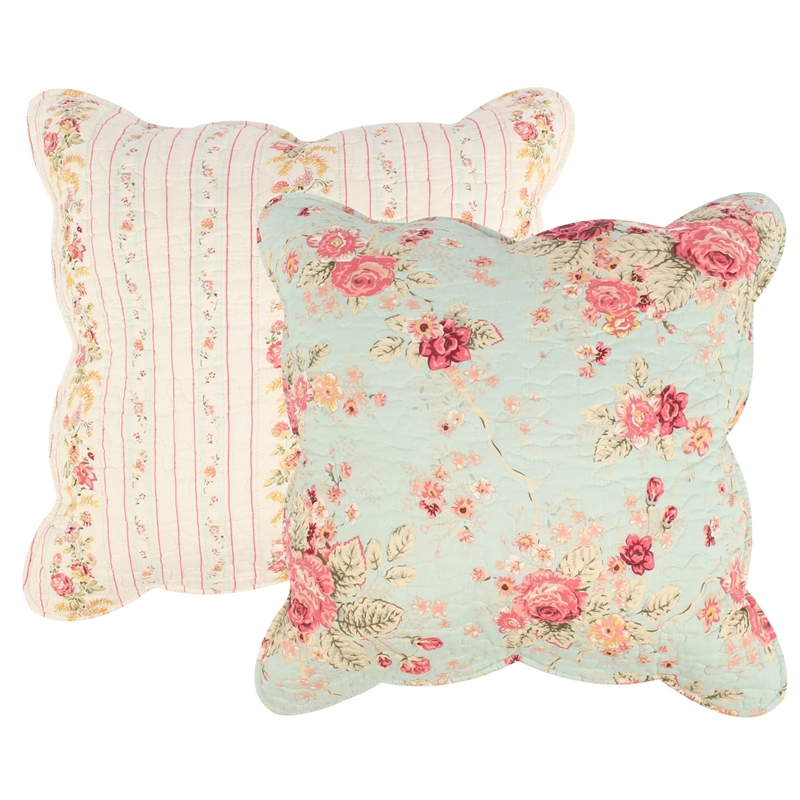 Benjara Rosle 5pc Full/Queen Quilt Set-Shams-Patchwork Floral Print-Blue Cotton