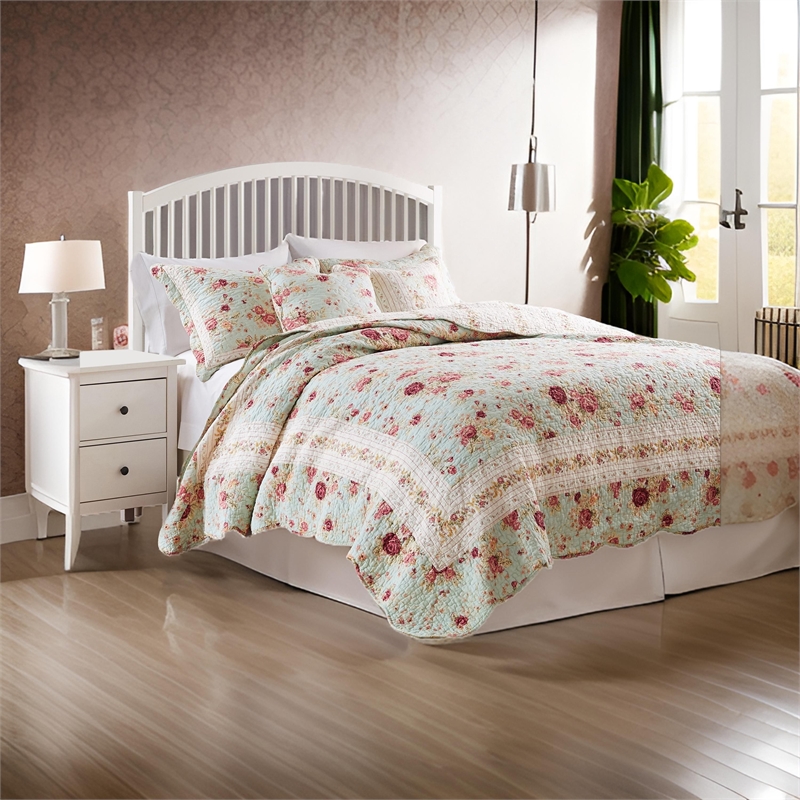 Benjara Rosle 5pc Full/Queen Quilt Set-Shams-Patchwork Floral Print-Blue Cotton
