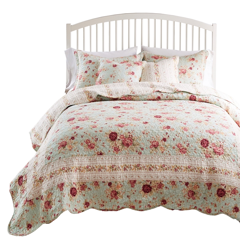 Benjara Rosle 5pc Full/Queen Quilt Set-Shams-Patchwork Floral Print-Blue Cotton