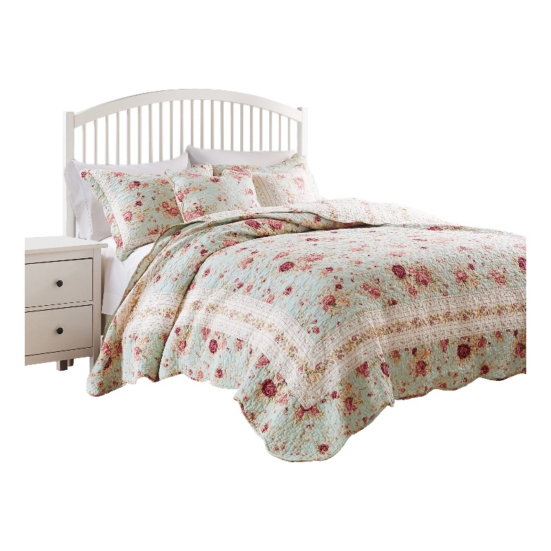 Benjara Rosle 5pc Full/Queen Quilt Set-Shams-Patchwork Floral Print-Blue Cotton