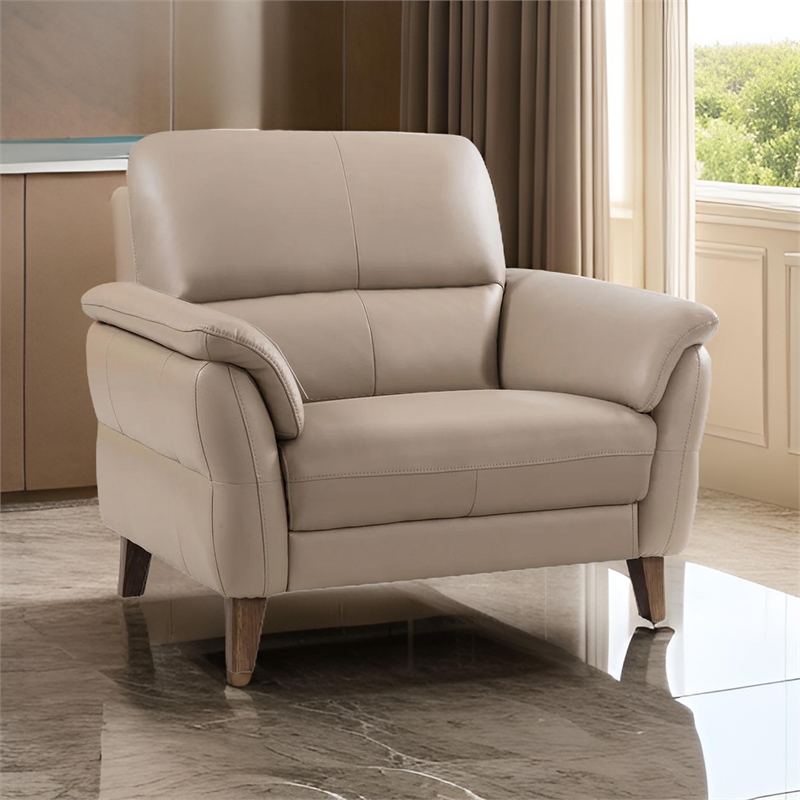 Benjara Patty Accent Chair-Tan Italian Leather-Pillow Top Arms-Brown Wood Legs