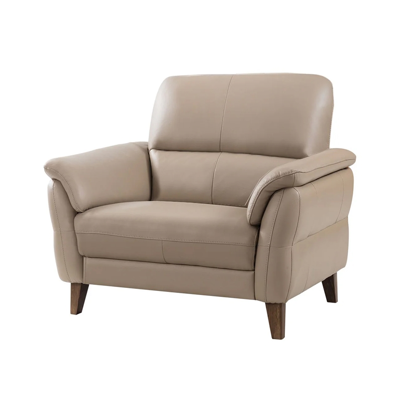 Benjara Patty Accent Chair-Tan Italian Leather-Pillow Top Arms-Brown Wood Legs