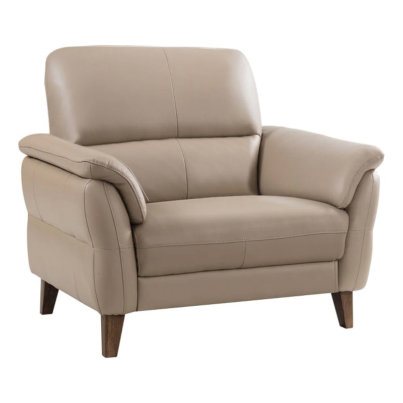 Benjara Patty Accent Chair-Tan Italian Leather-Pillow Top Arms-Brown Wood Legs