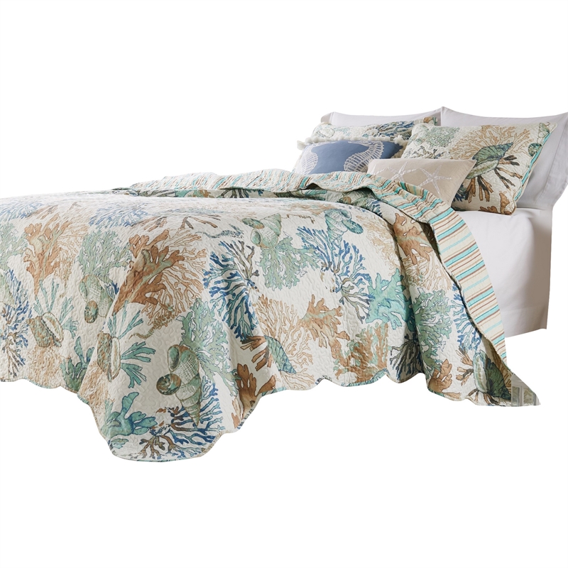 Benjara Wade 3pc King Size Quilt Set- Sham- Jade Blue Coastal Microfiber Cotton